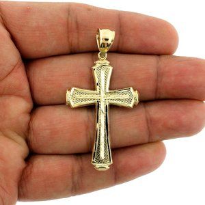 Real 10K Yellow Gold Large Diamond Cut Cross Pendant